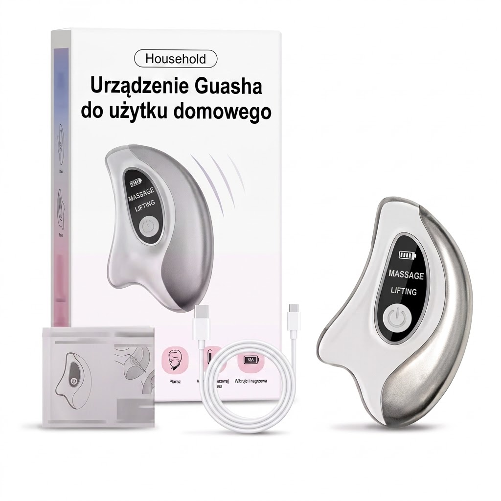 Zawartość zestawu LiftSkinCare: masażer, kabel USB-C, etui, serum i instrukcja