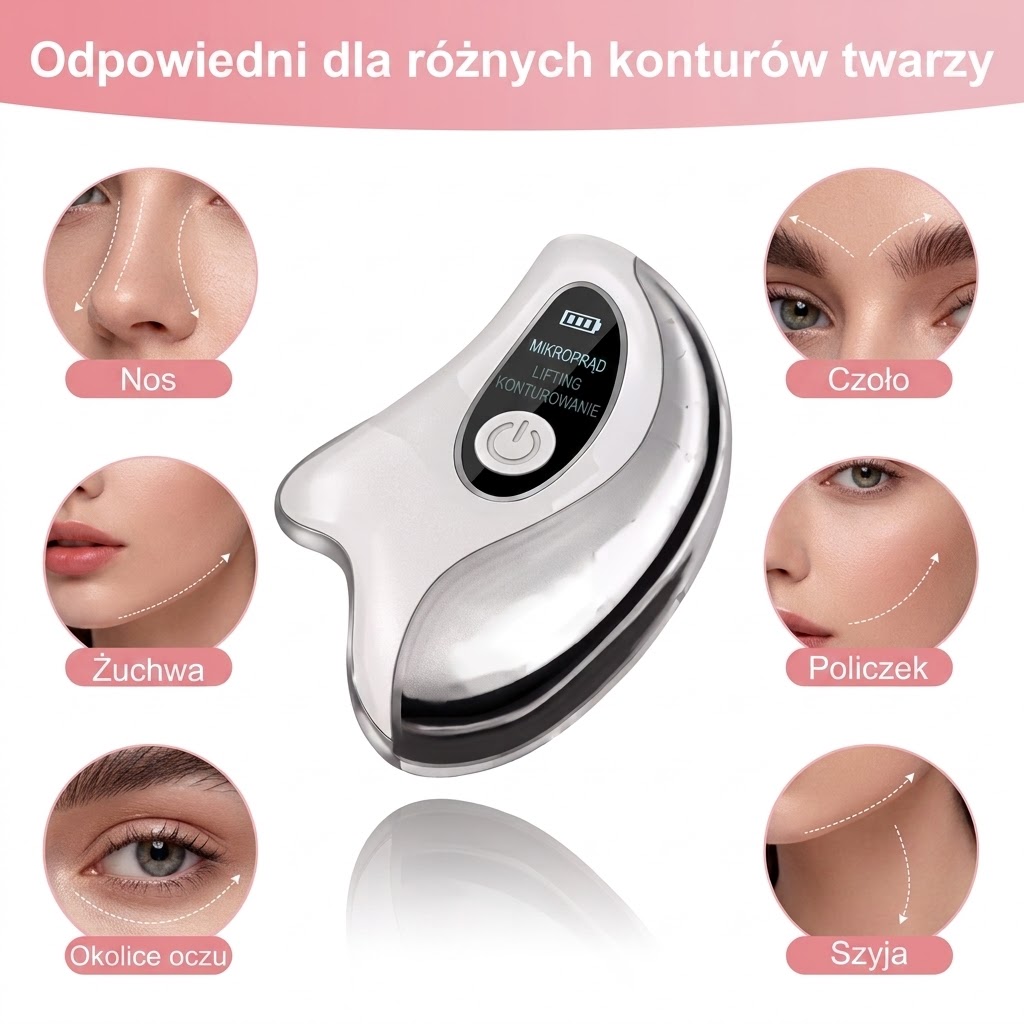 Masażer dopasowany do różnych konturów twarzy: nos, czoło, żuchwa, szyja