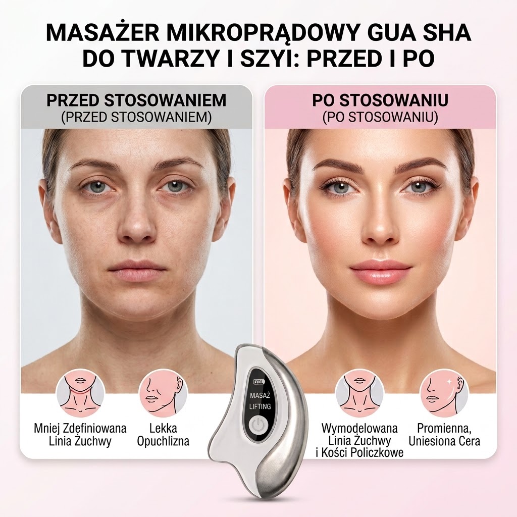 Porównanie efektów przed i po 8 tygodniach stosowania masażera Gua Sha — 92% mniej opuchlizny, 87% lepszej jędrności skóry